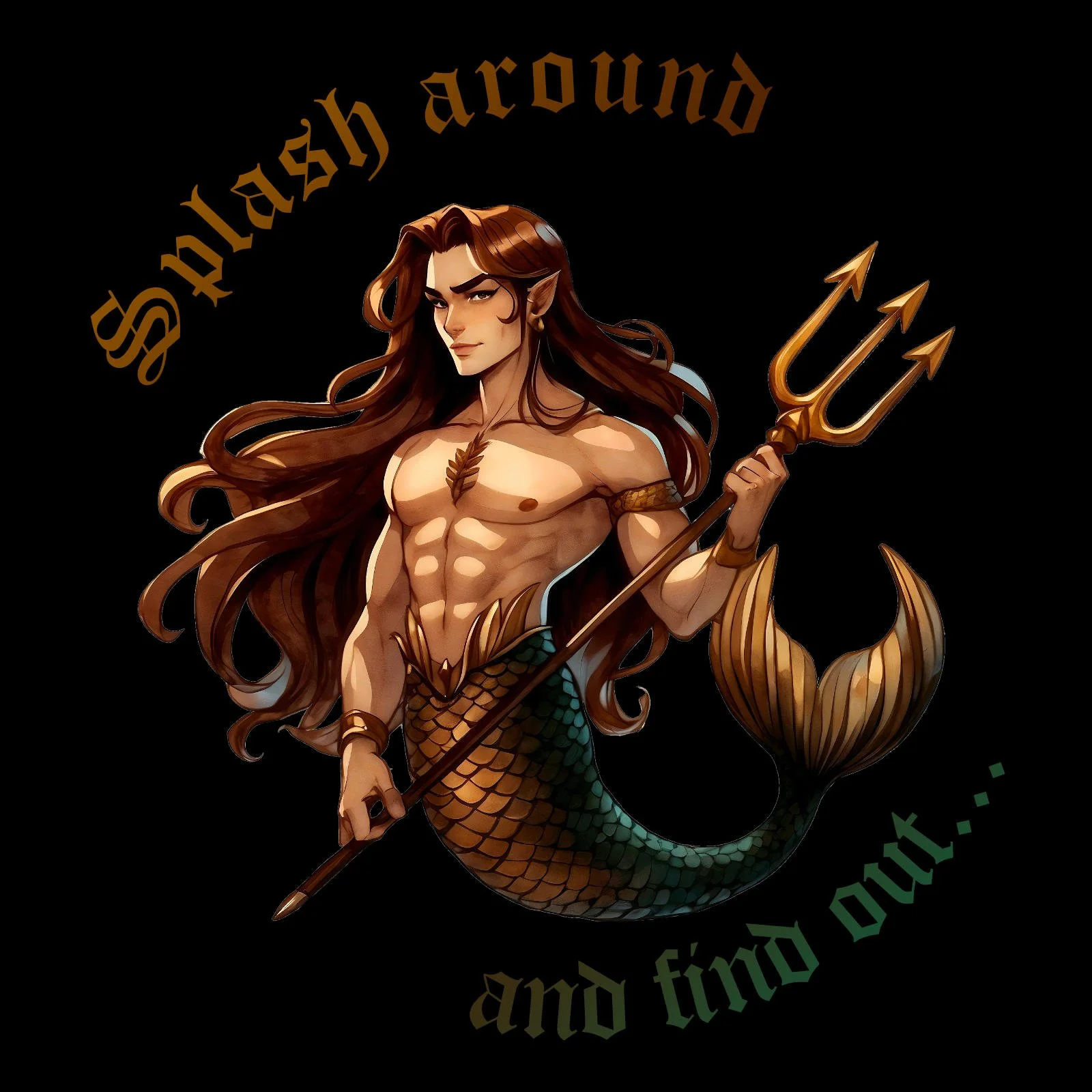 Illustration of a cunning-looking bronze-tailed merman holding a trident with the caption "Splash around and find out."