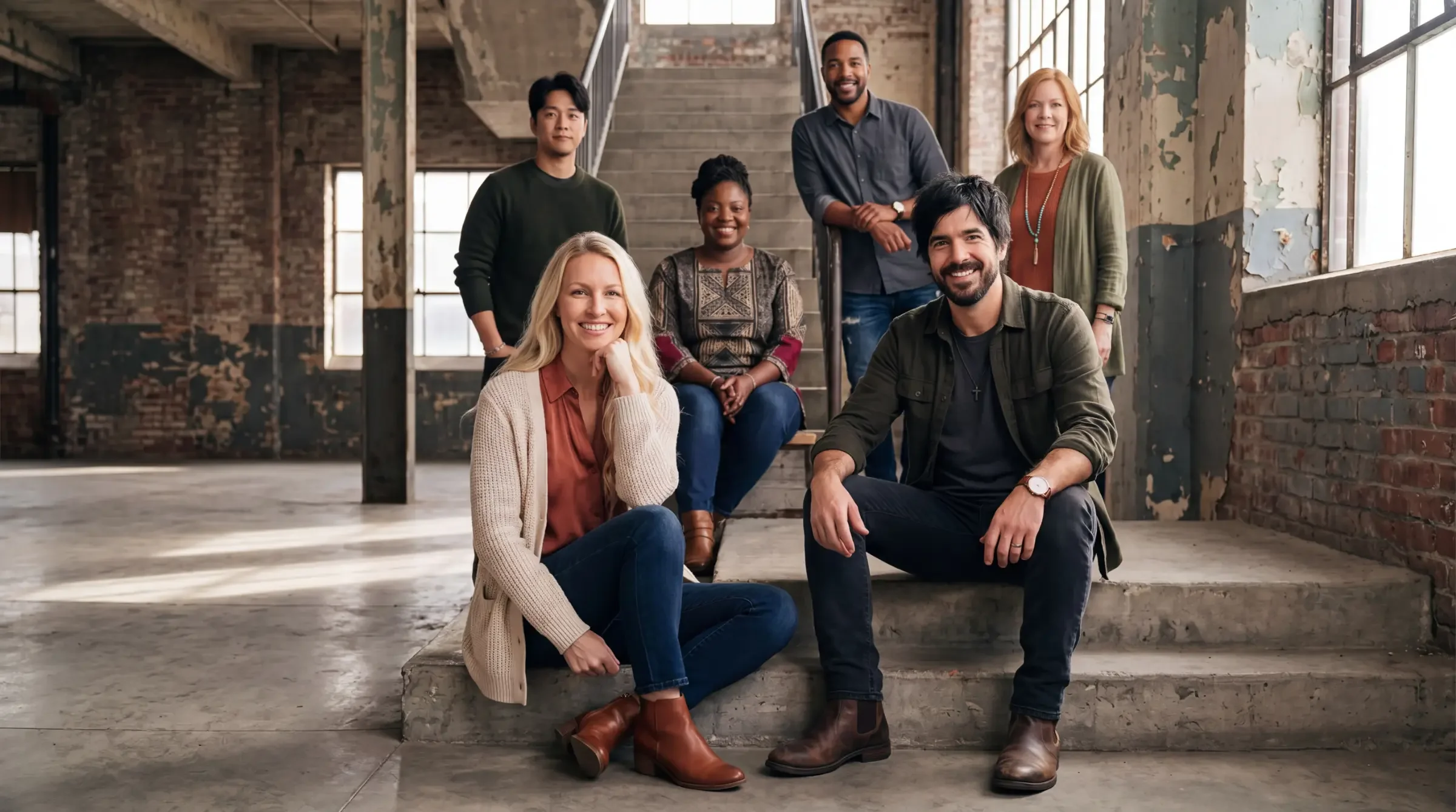 Members of the fictional band Shattered Clay Worship in casual, relaxed poses for a band group photo.