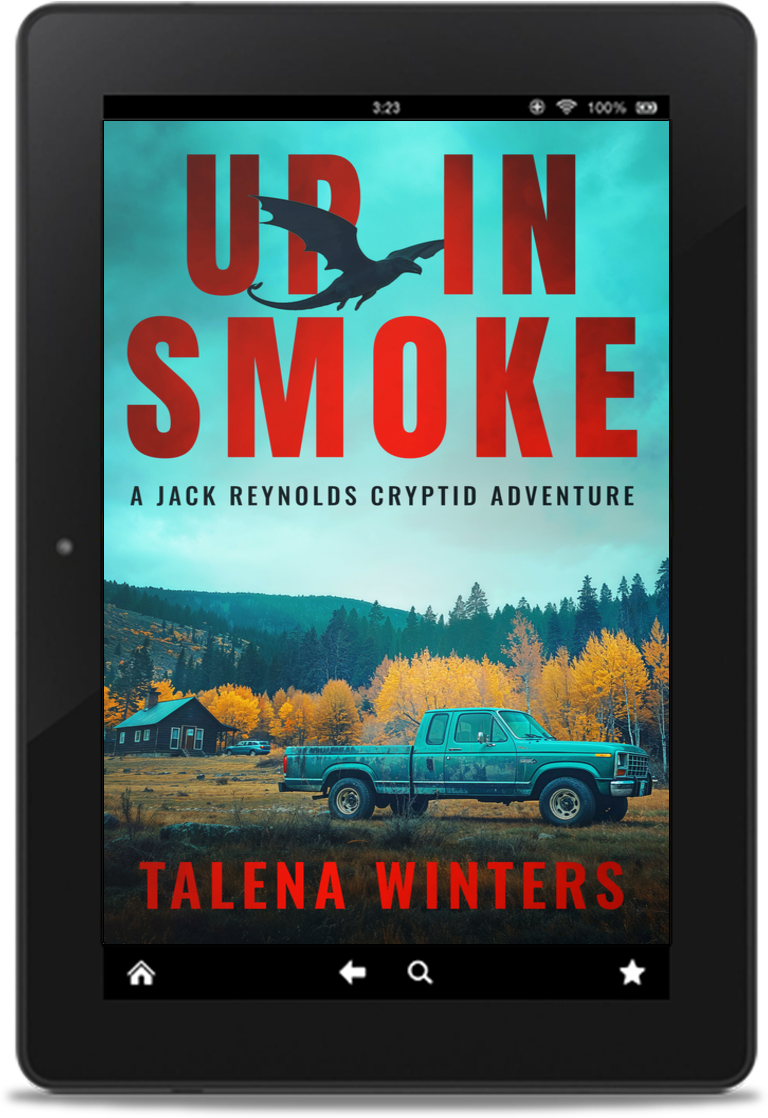 Ebook cover for cryptid adventure thriller story Up in Smoke by Talena Winters on an ereader.