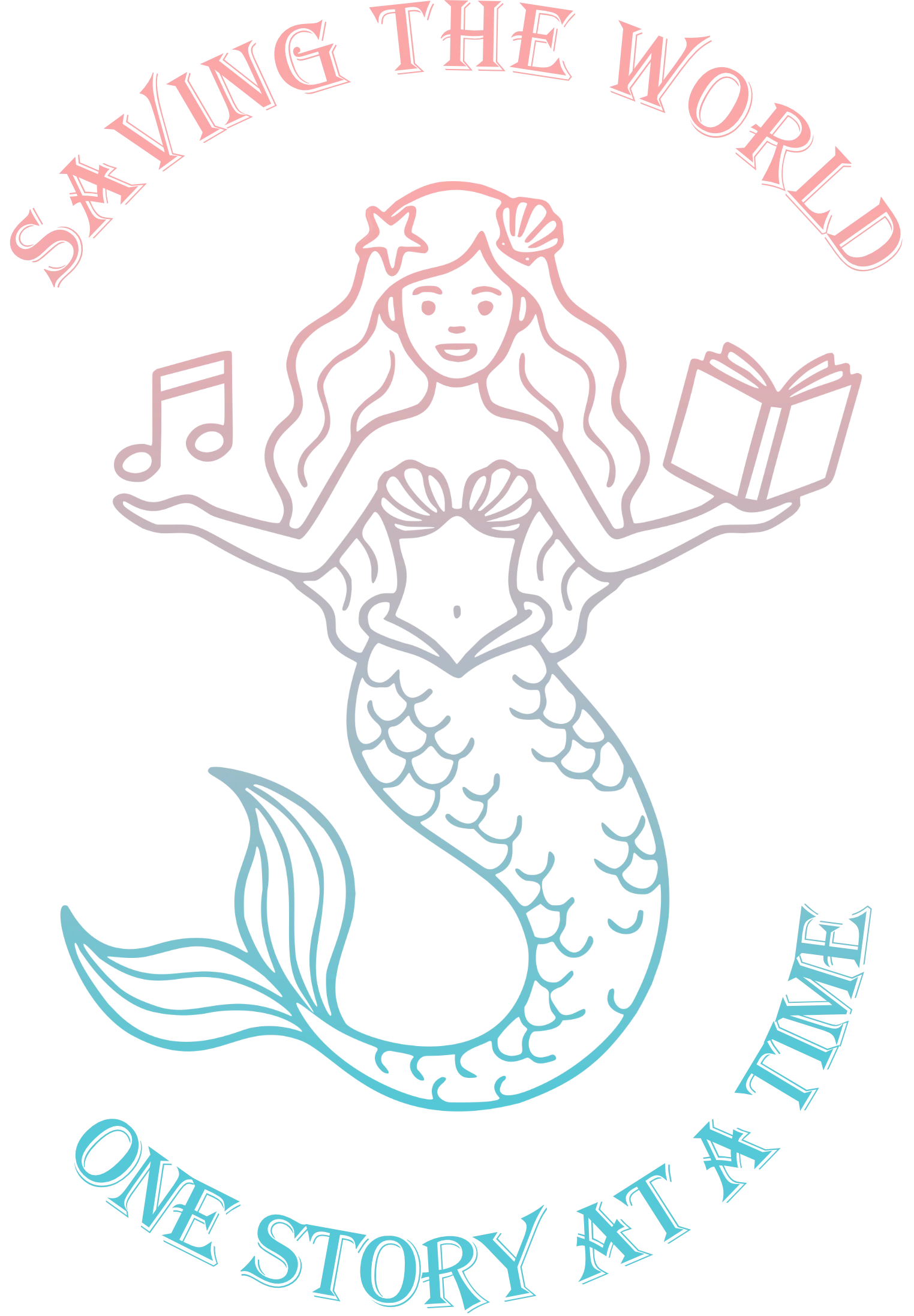 Mermaid holding a music note and a book with the tag line "Saving the world, one story at a time."