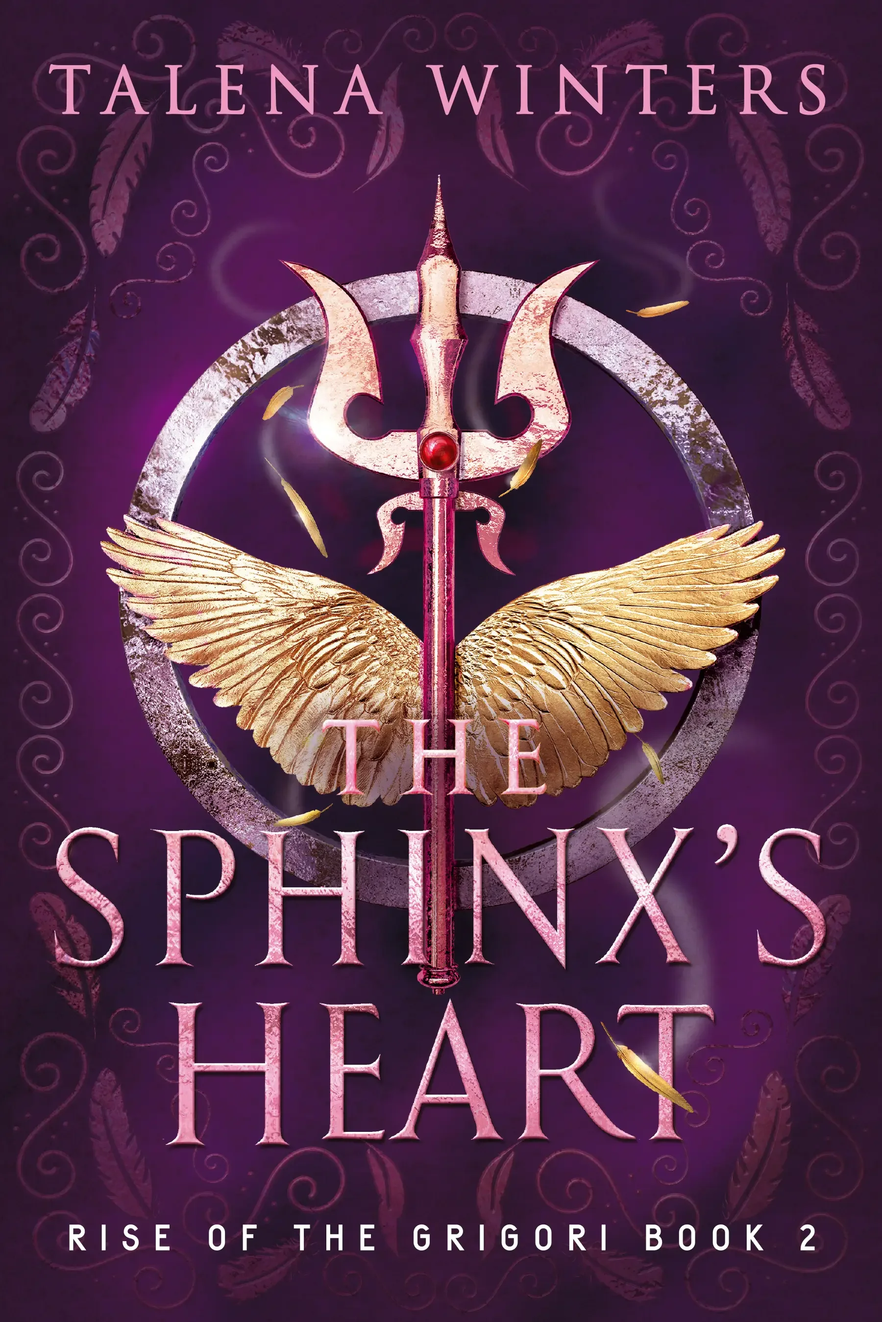The Sphinx's Heart (Rise of the Grigori Book 2) by Talena Winters, a purple epic young adult mermaid fantasy book with a magical golden winged trident on the cover.