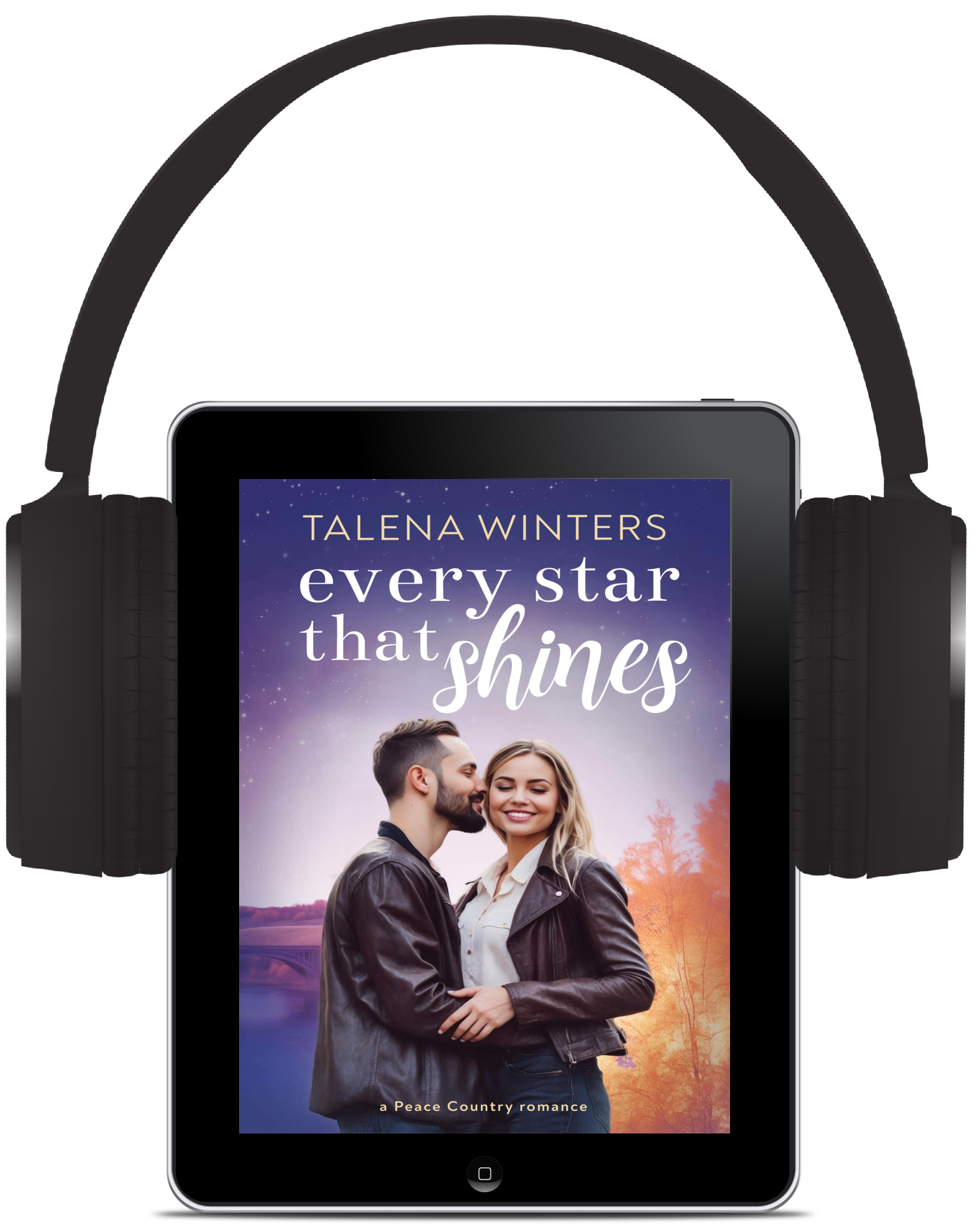 Digitally narrated audiobook for sweet romance book Every Star that Shines (a Peace Country Romance) by Talena Winters, with a sweet Caucasian couple in front of a small town river in autumn.