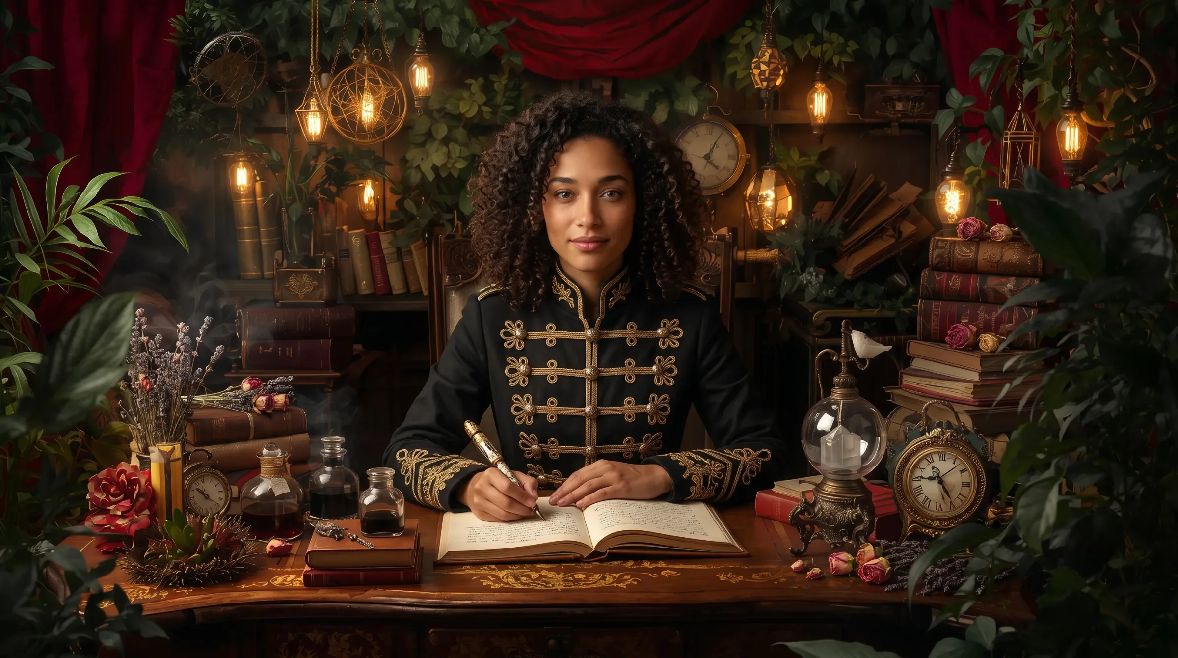 A content female writer in gothic clothing works at a desk.