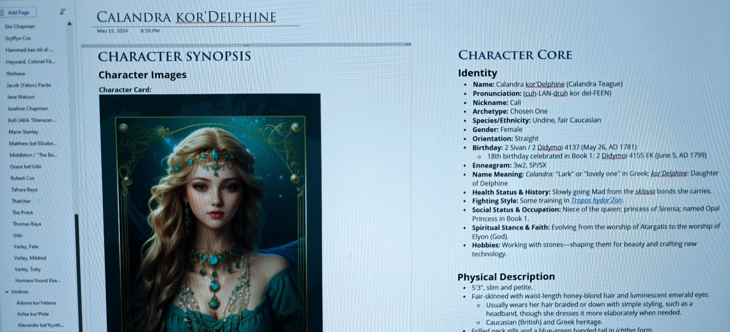 Photo of a character page on a computer monitor.