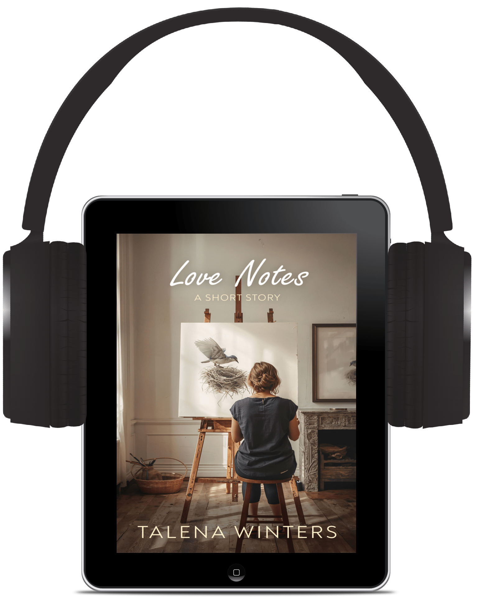 Cover for romantic women's fiction story Love Notes: A Short Story on tablet with headphones.