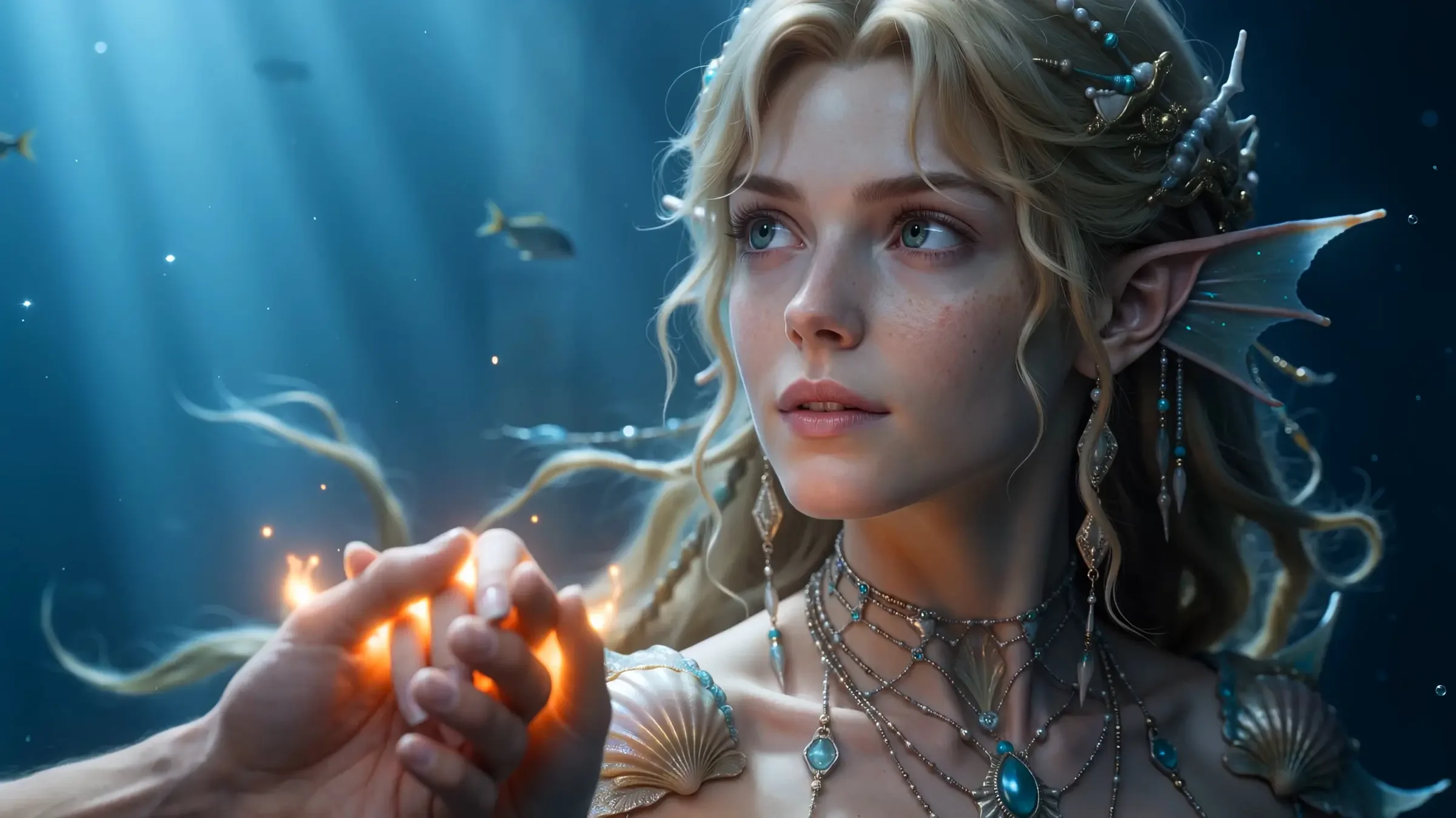 Damaris close-up underwater holding Zale's hand