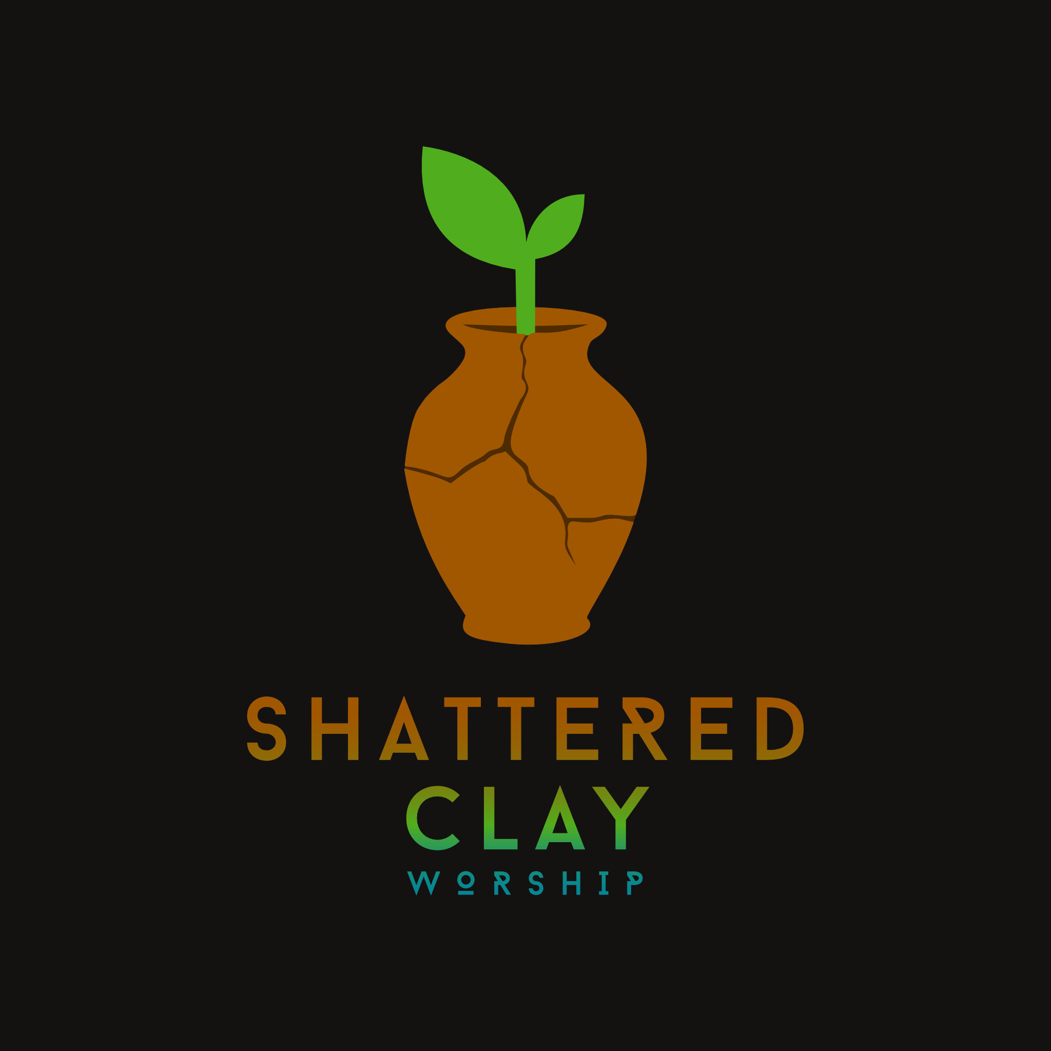 Shattered Clay Worship logo with a green shoot growing from a cracked clay jar.