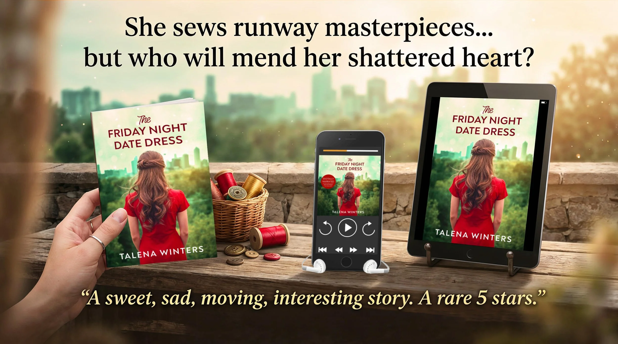 Banner for sweet inspiration romance The Friday Night Dat Dress with a woman in a red cocktail dress standing in front of a rose-filled sewing room. Audiobook, eBook, and paperback.