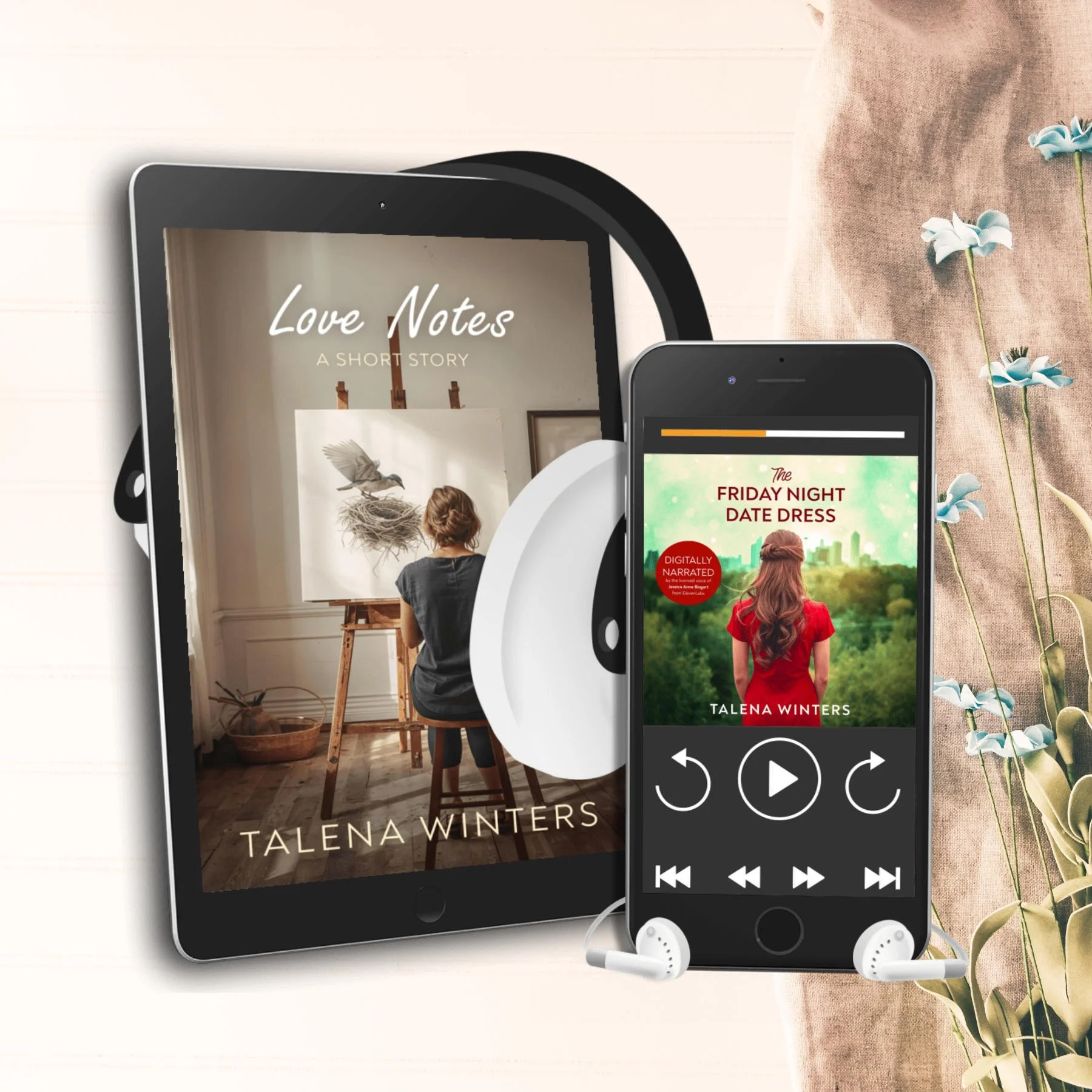 Two tablets with headphones and covers for audiobook Love Notes: A Short Story and The Friday Night Date Dress.