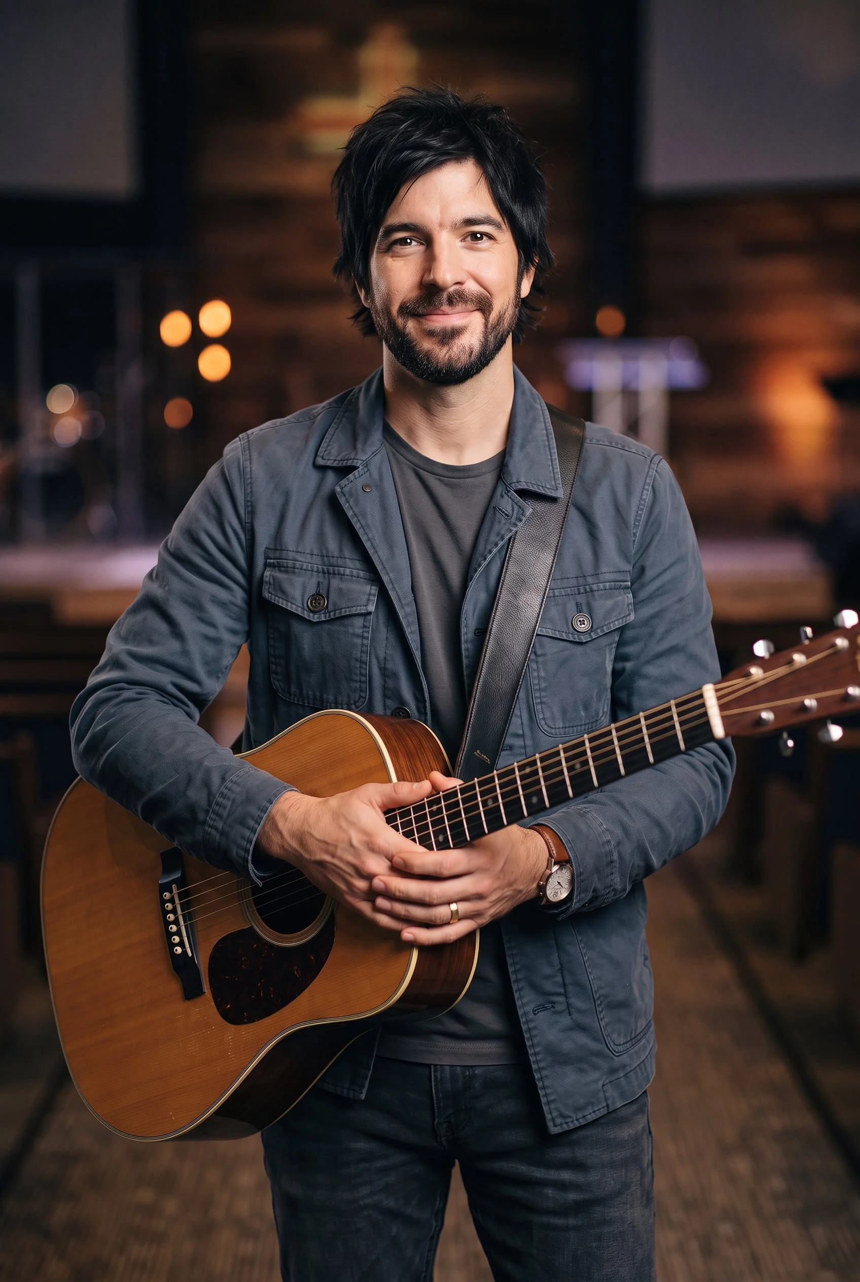 Headshot of a Caucasian male worship leader smiling and holding an acoustic guitar.