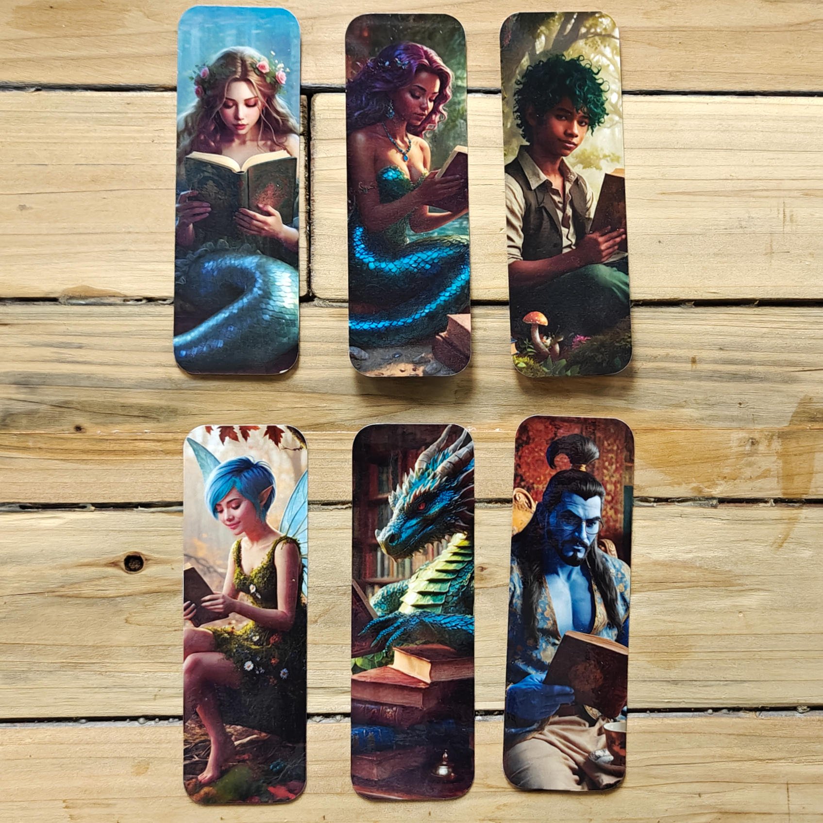 Fantasy Creatures Reading bookmarks (mermaids, wood nymph, pixie, dragon, genie)
