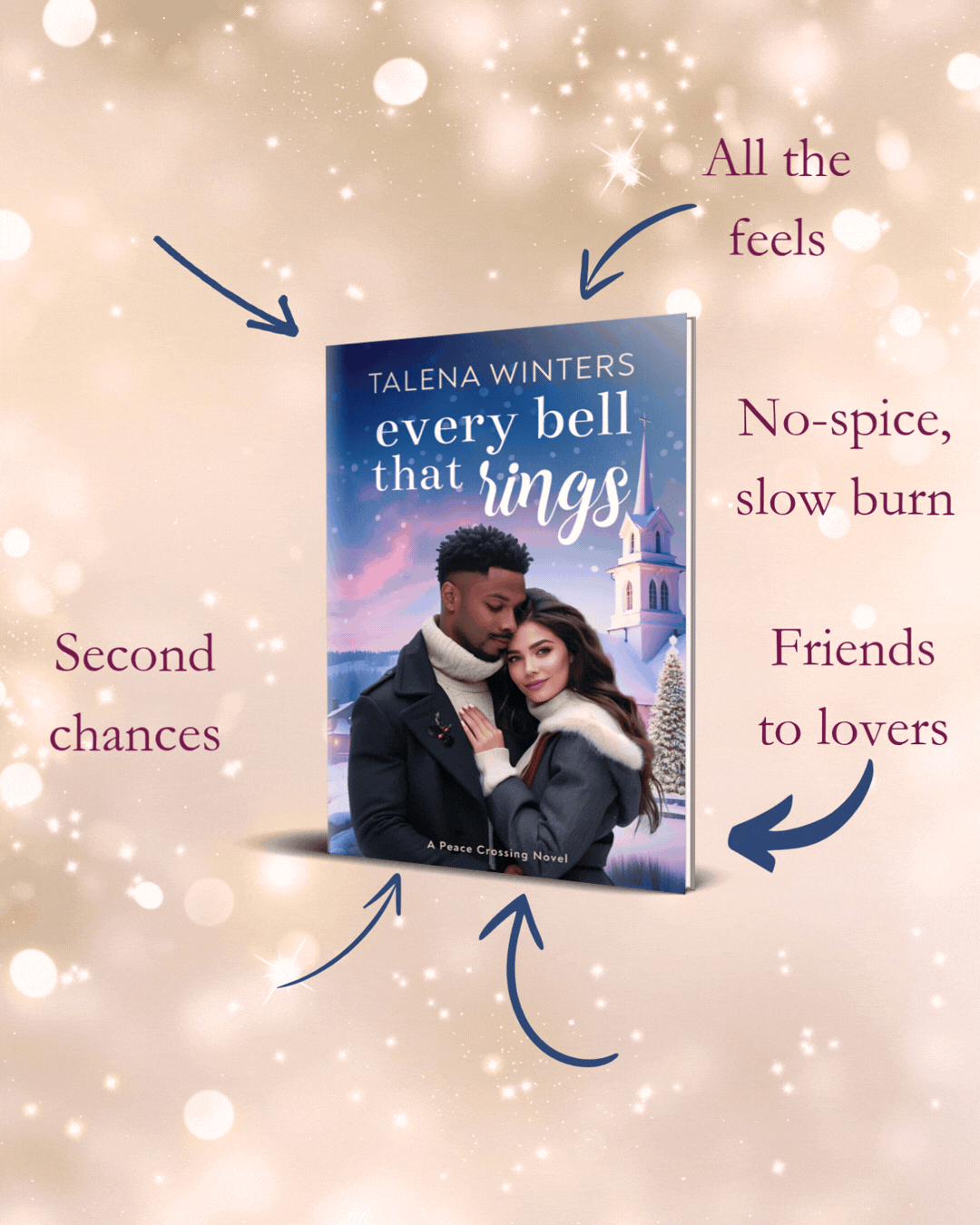 Trope card for Every Bell that Rings, including Family & Friends, All the feels, no spice, slow burn, friends to lovers, healing and redemption, holiday romance, and second chances.