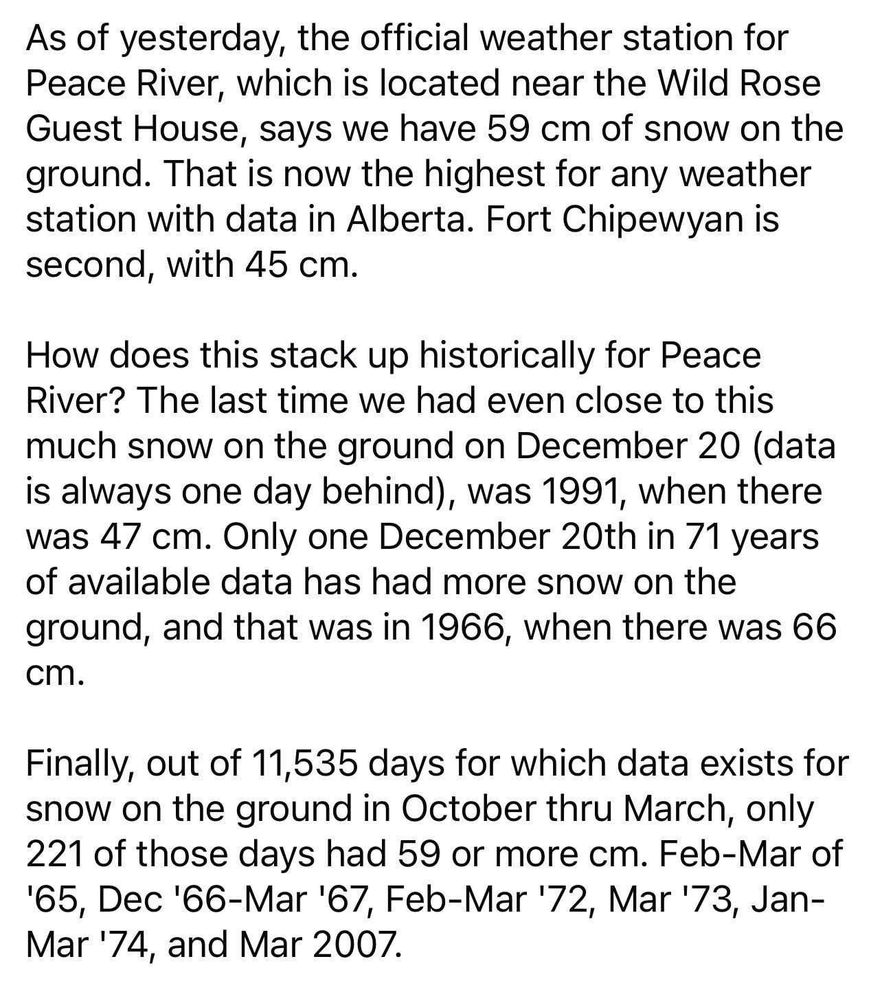 Screenshot of a post about historical snow levels on December 20 in Peace River, Alberta.