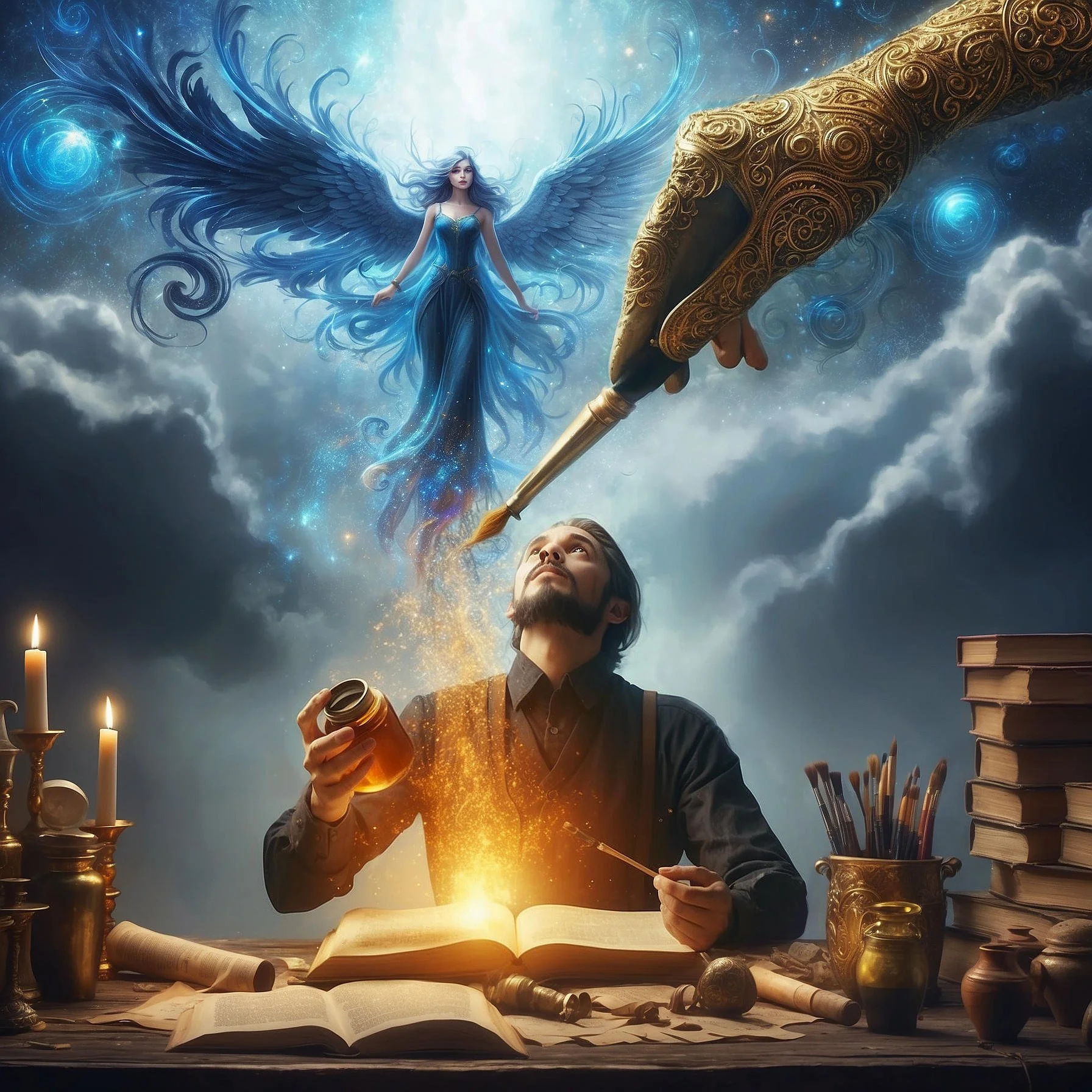A writer holding ink and a paintbrush over his open book looks up as a giant painted hand holding a paintbrush magically releases a beautiful winged figure from his book.