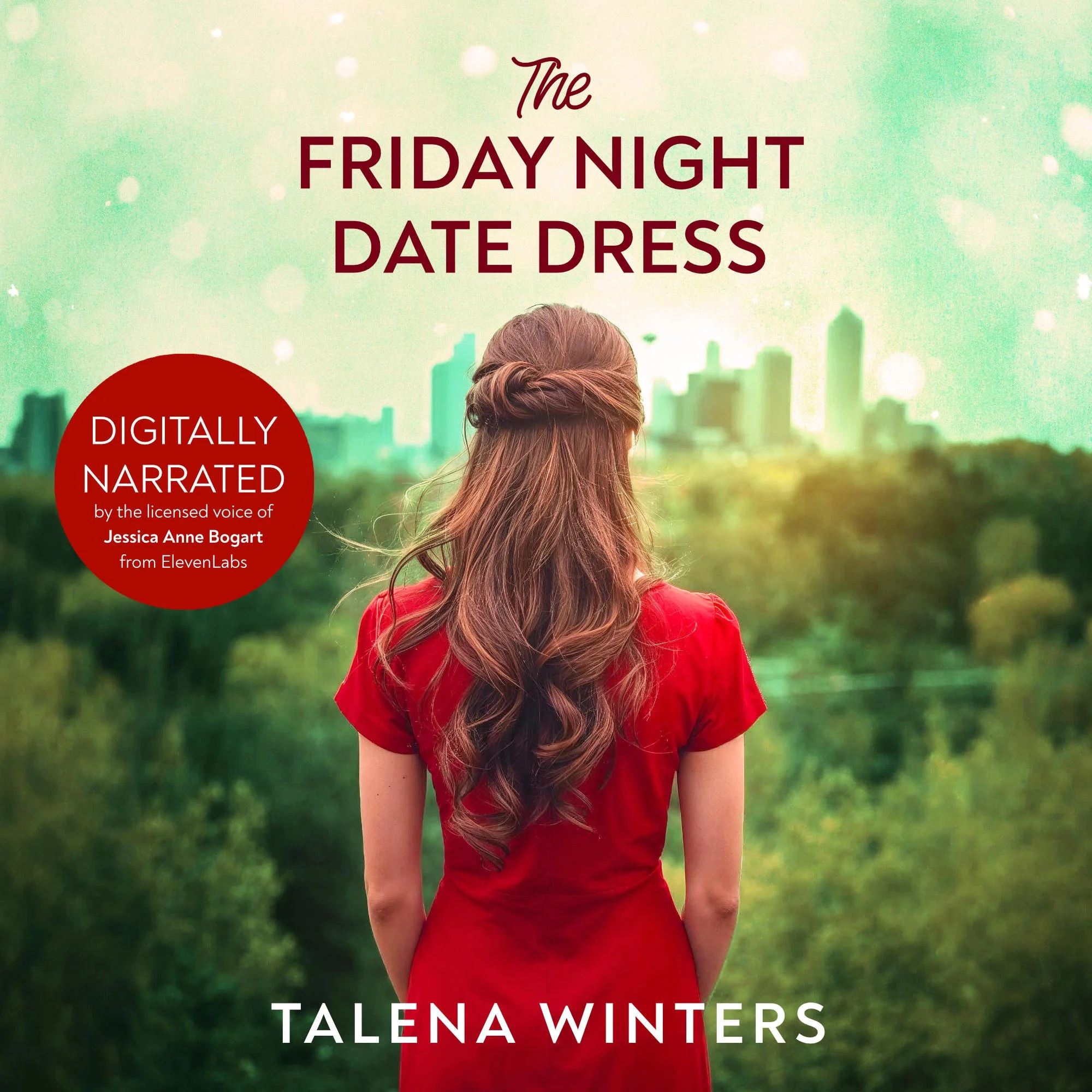 Digitally narrated audiobook cover for clean inspirational romance The Friday Night Date Dress by Talena Winters, showing a pretty woman in a red dress looking across a city park at sunset.