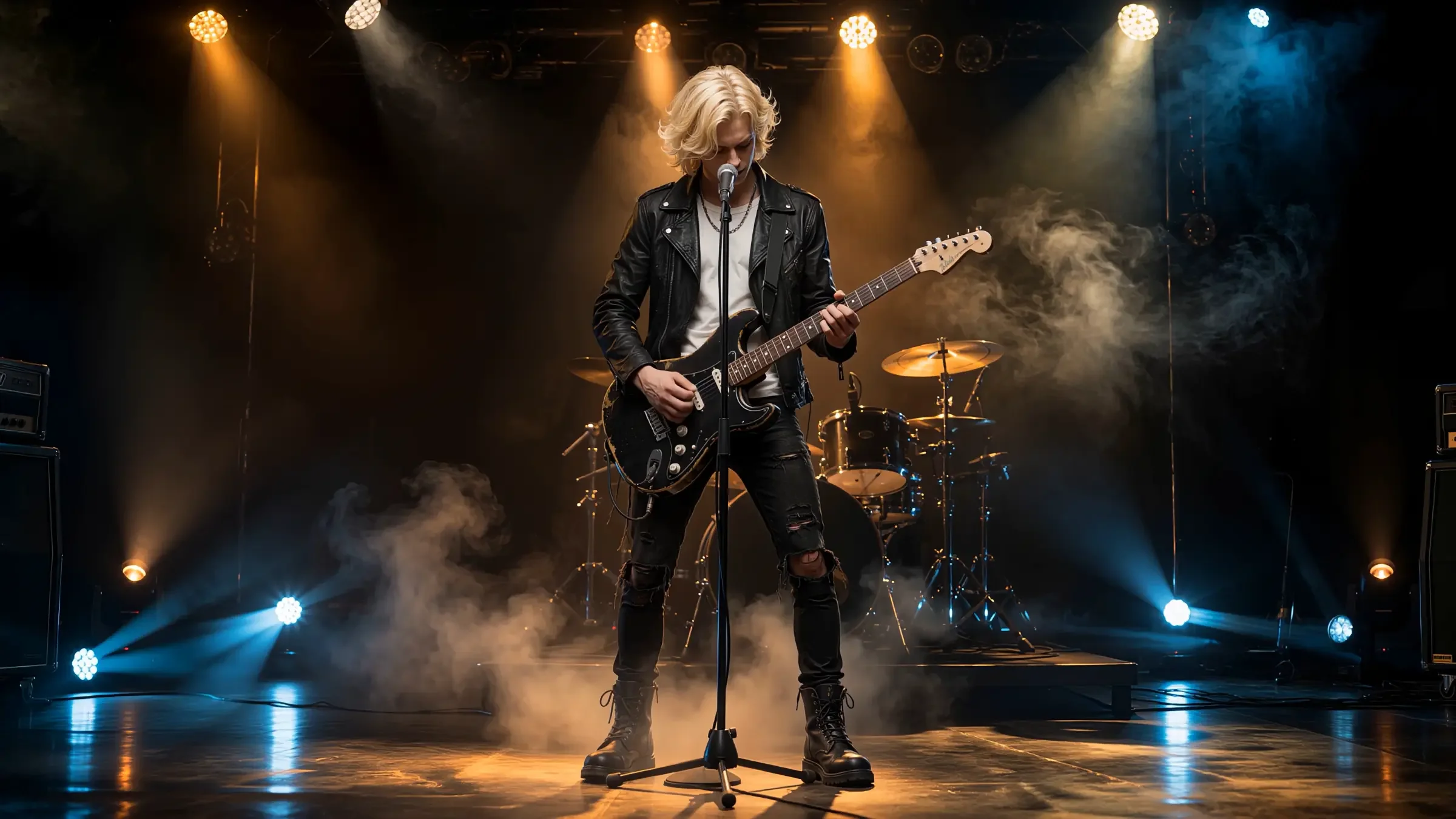 Zale playing guitar centre stage