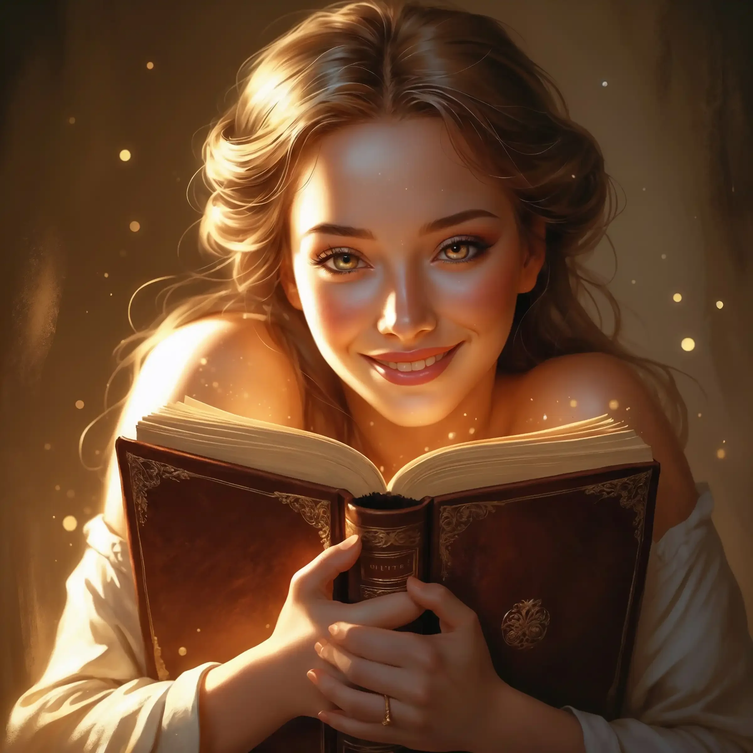 A girl hugs a glowing book with deep affection.