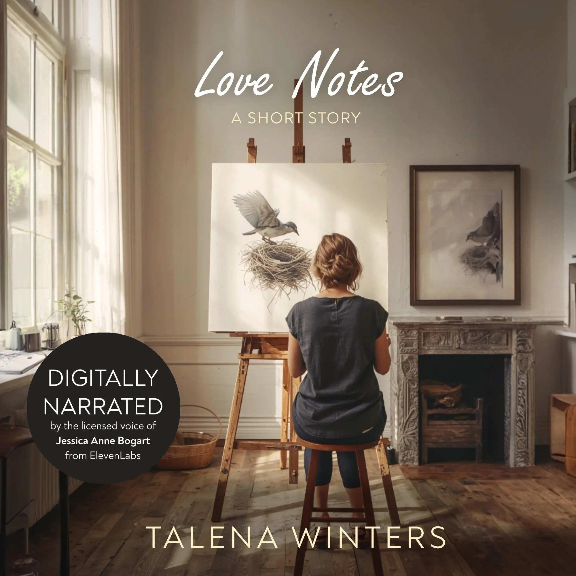 Audiobook cover for Love Notes: A Short Story by Talena Winters cover. A woman paints a picture of a bird flying from the nest in an airy studio.