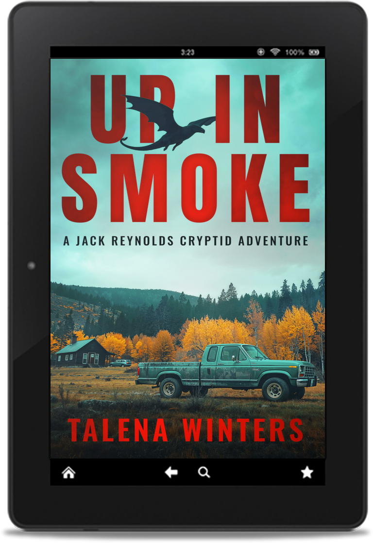 Ebook cover for cryptid adventure thriller story Up in Smoke by Talena Winters on an eReader.