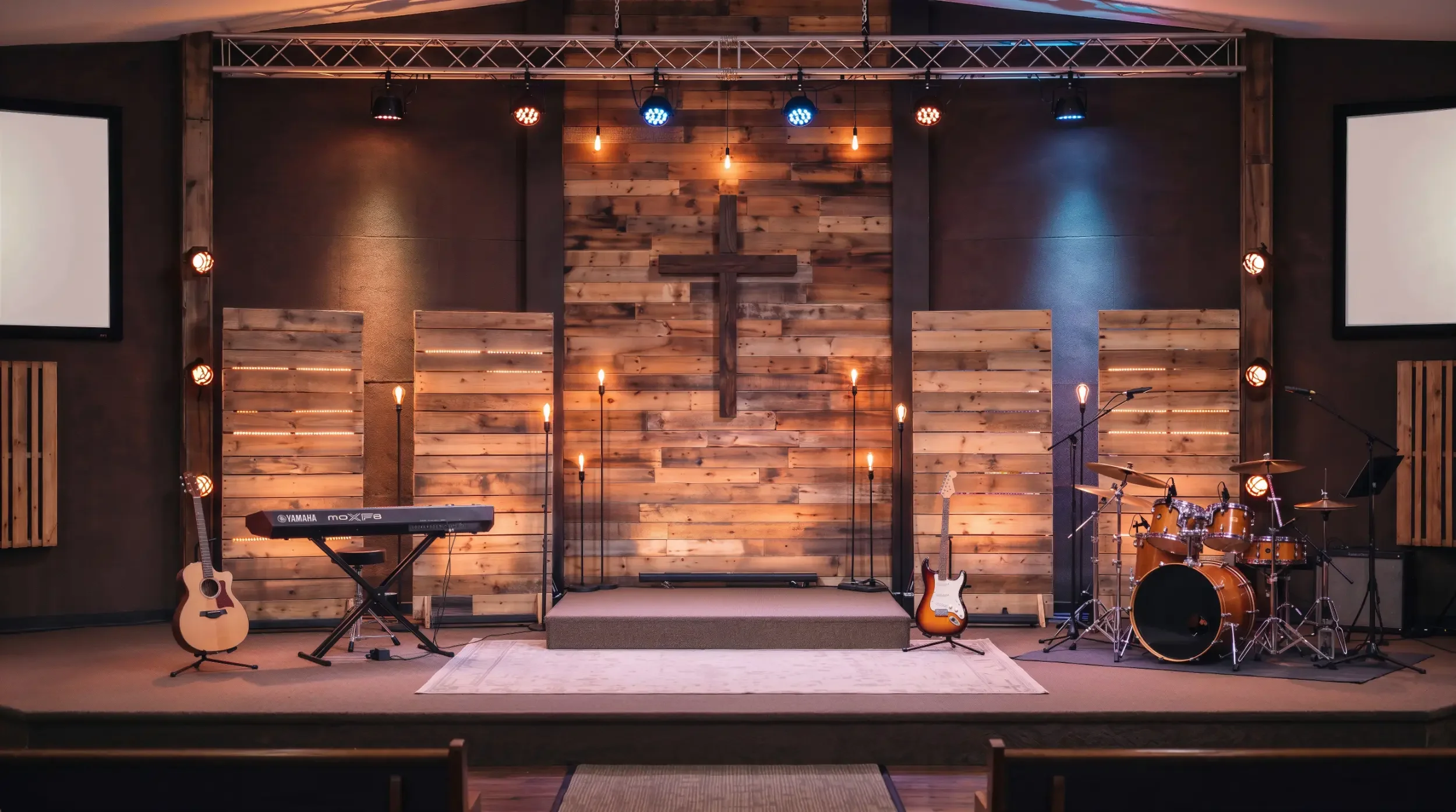 A modern rustic church stage set up with instruments for a worship service.