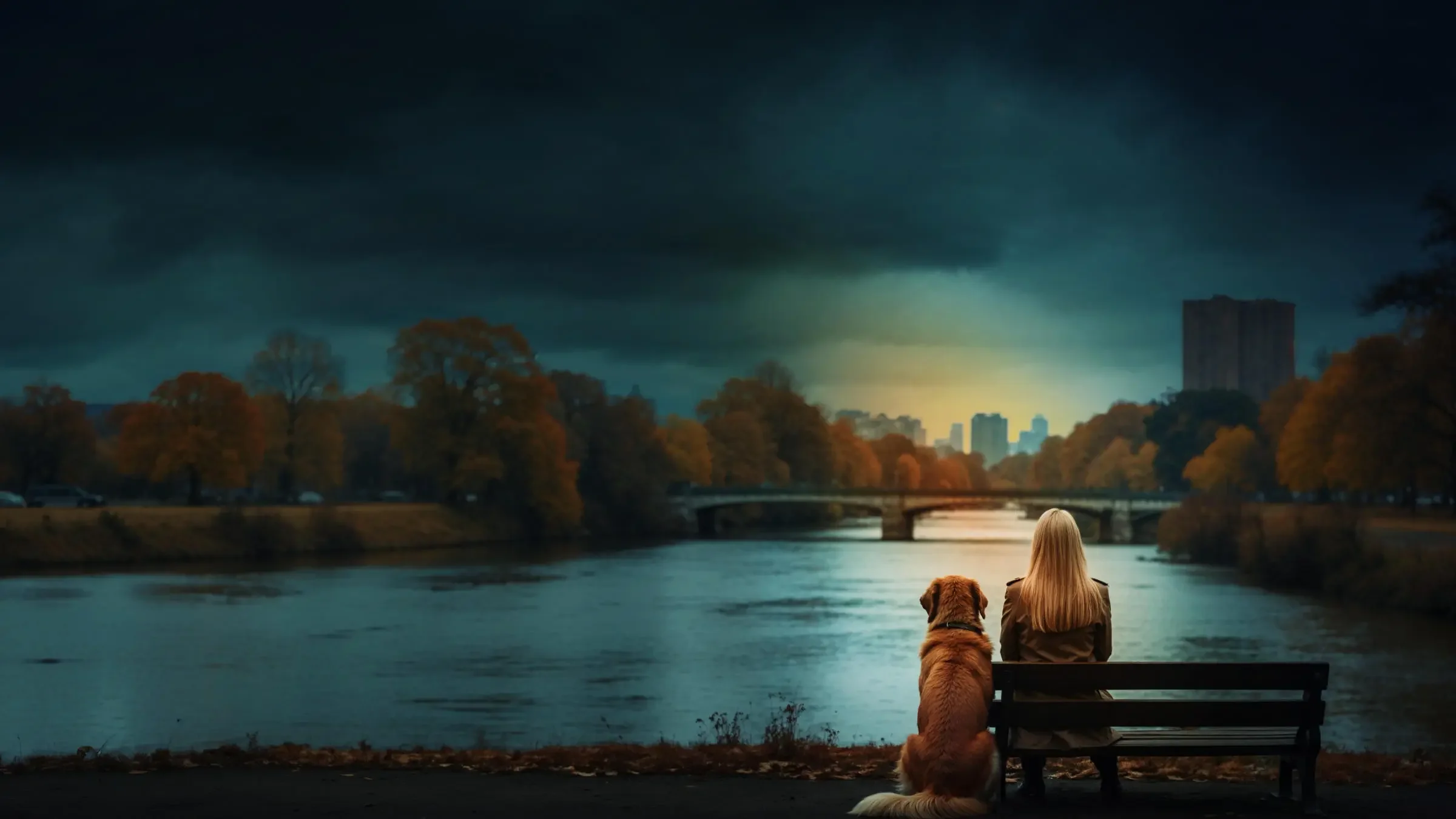 A woman and her dog sit on a city park bench and look toward the skyline in autumn.
