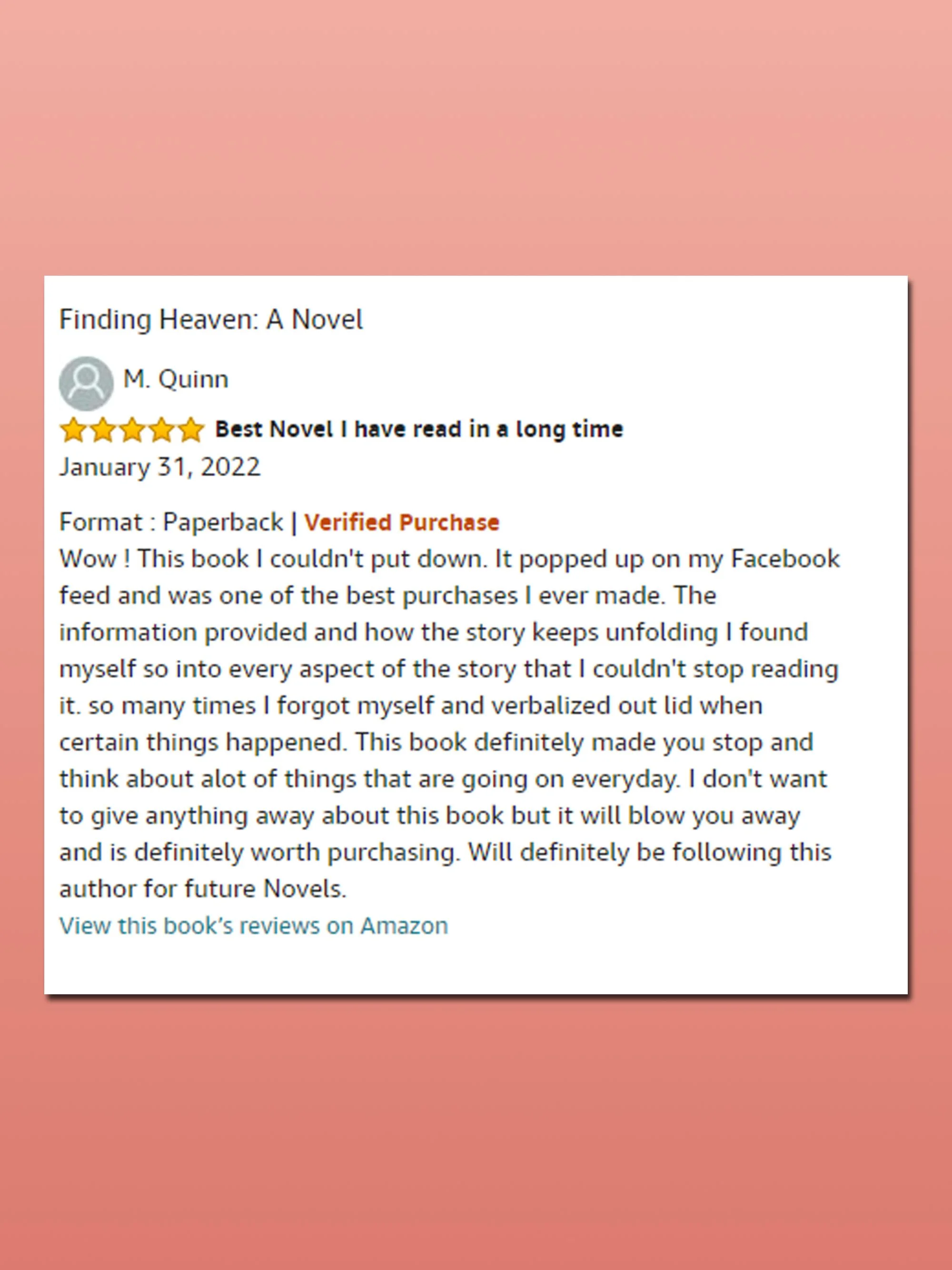 Graphic showing a screenshot of the full review by M. Quinn on Amazon