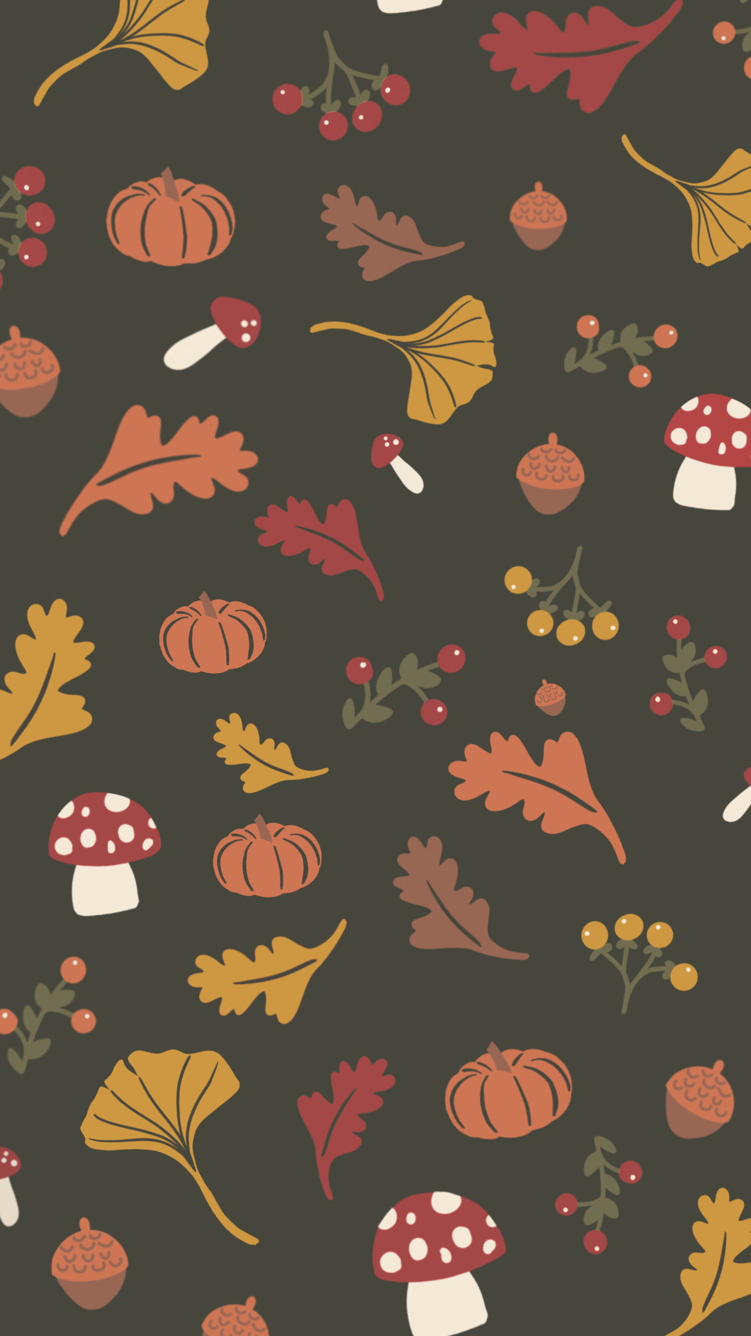  Autumnal Forage Pattern Phone Wallpaper with ginko, mushrooms, acorns, pumpkins, autumn leaves, and berries 