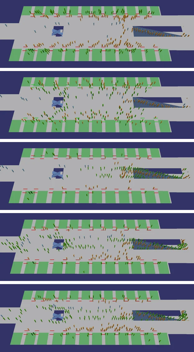 Timeline of terminal through simulation phases: (1) APM pre-boarding, (2) APM boarding, (3) APM post-boarding, (4) ARL post-boarding, (5) APM pre-boarding.