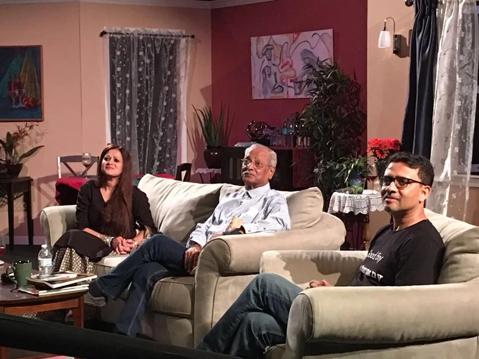 TalkBack with the playwright Mahesh Elkunchwar (middle) flanked by Sindu Singh (left) and Basab Pradhan (right ) on the sets of Sonata at Lohman Theatre. PC: Anju Prakash