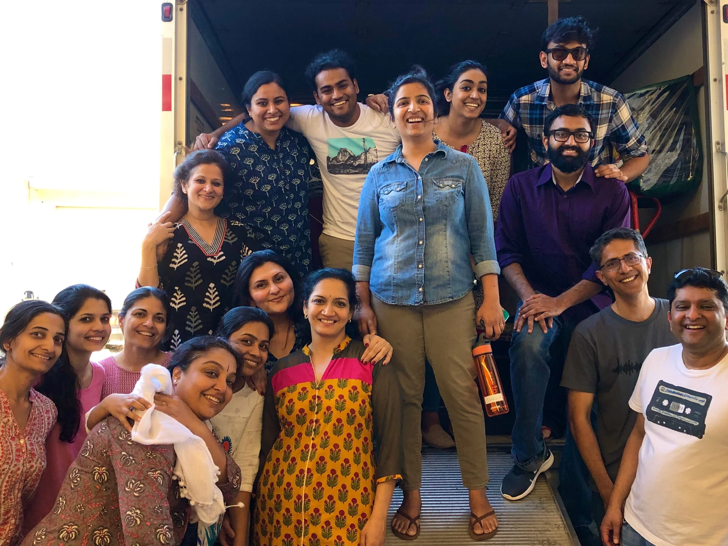 After loading the truck for the theatre, Sindu Singh (mid row, left) with the cast and crew of Boiled Beans on Toast.