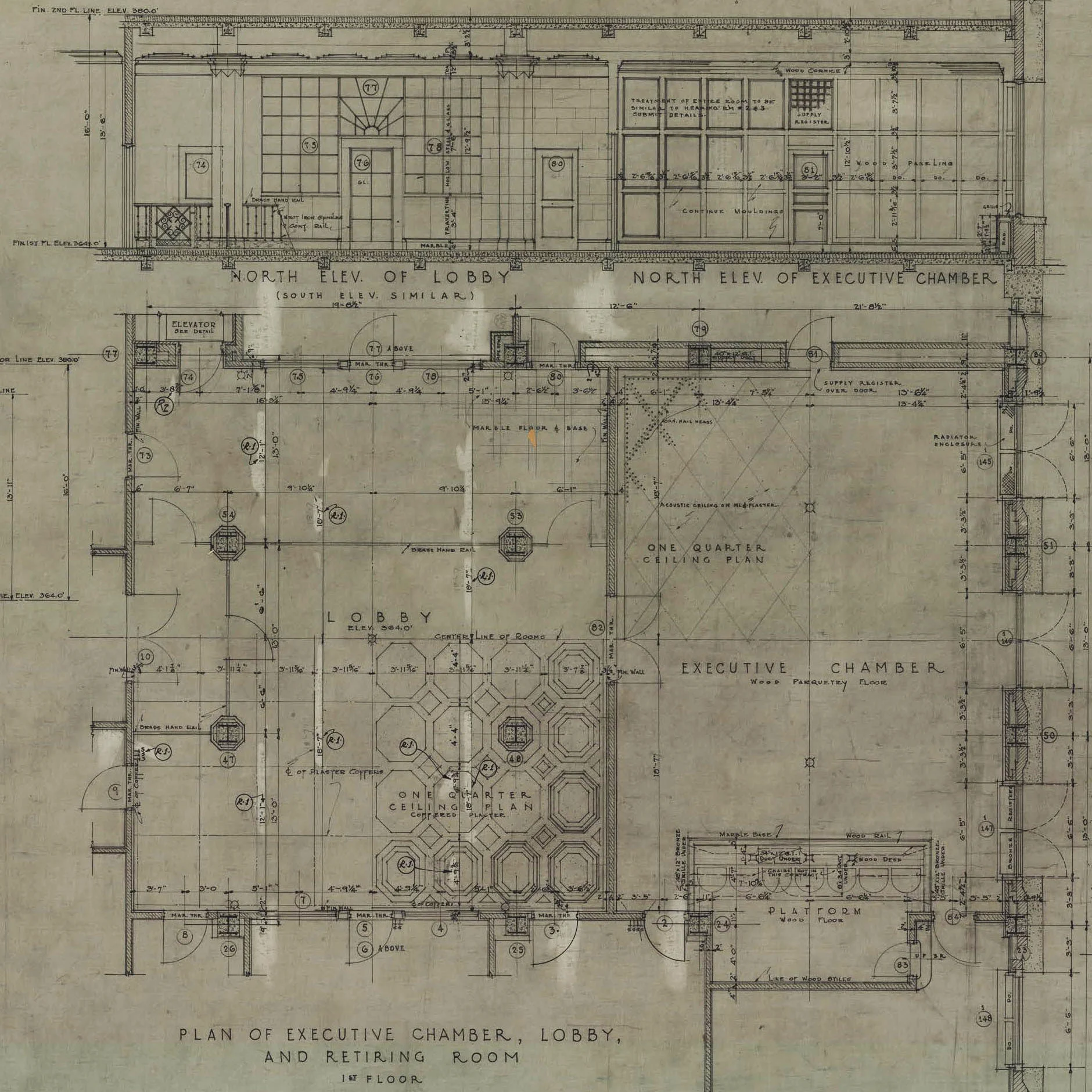 Above: A detail of the 1927 design drawing for the spaces of Suite 104 in the North Office Building on the PA Capitol Complex (Gehron & Ross Architects Sept. 07, 1927). The drawing above shows an ornate coffered plaster ceiling that is completely gone now. 