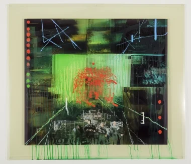 Lyndell Brown/Charles Green and Jon Cattapan, War and Peace #11: Night Vision , 2014 oil and acrylic on digital print on duraclear film, 104 x 108 cm