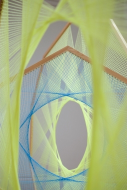 Nike Savvas, Sliding Ladder: yellow with blue pentagon (detail), 2012, wool, wood and steel, 219x231.5x382cm. 