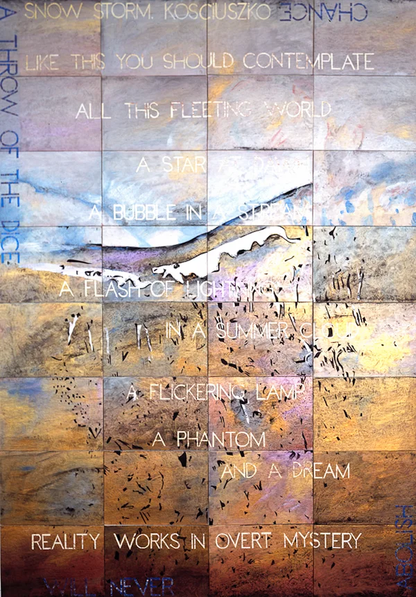 Snow Storm, Kosciuszko II , 2013, Acrylic, gouache on 32 canvas boards, 203 x 142cm