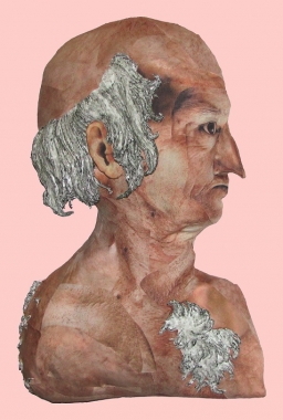 Rose Farrell & George Parkin, Detail of Sparrow Man , 2008, synthetic polymer paint on papier-mâché, digital print on cotton fabric, steel pins, foam core backing, 51.5 x 36 x 10 cm.