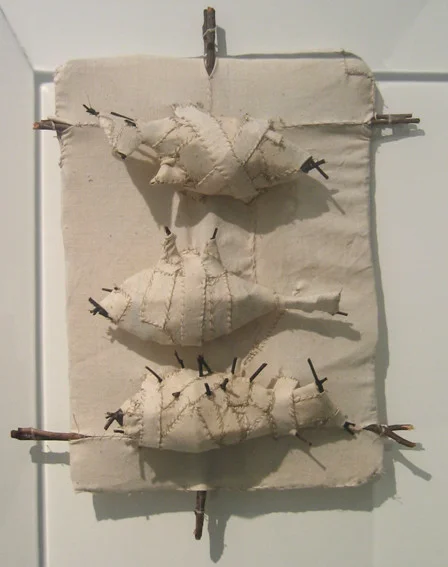 Three Fish , 1992, Twigs, Calico, Bituminous Paint, Cotton Thread, 50 x 39 cm,