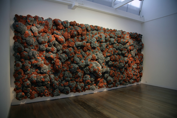   Time is the Fire in which we Burn (Take 2)  - Installation, 2009, Stainless steel, galvanized iron, copper scourers and galvanized fencing, 260 x 610 cm 