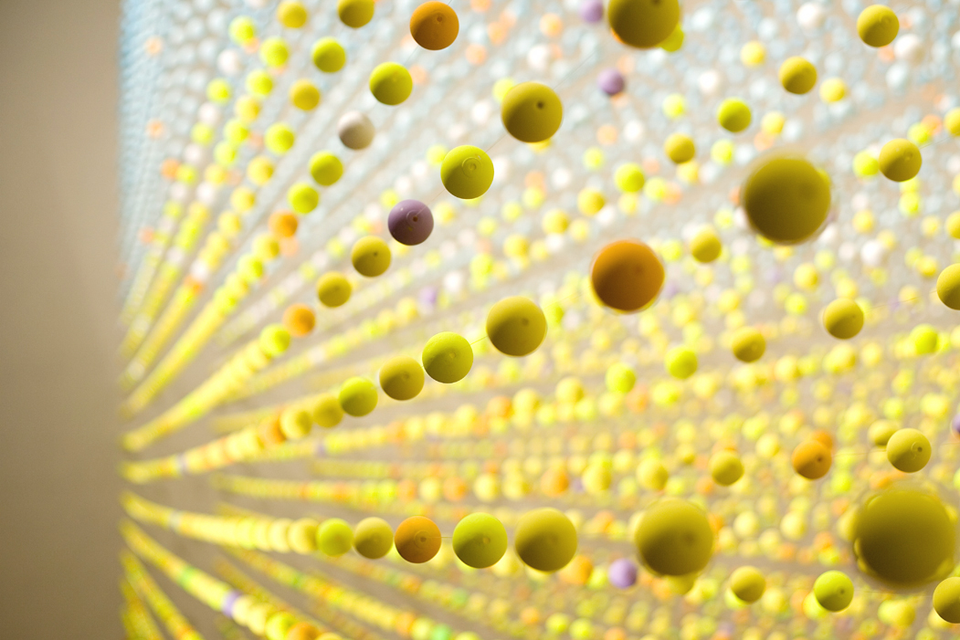   Atomic: In Full Sunlight , 2008, Polystyrene balls, paint, nylon wire, electric fans, nstallation view (detail) 
