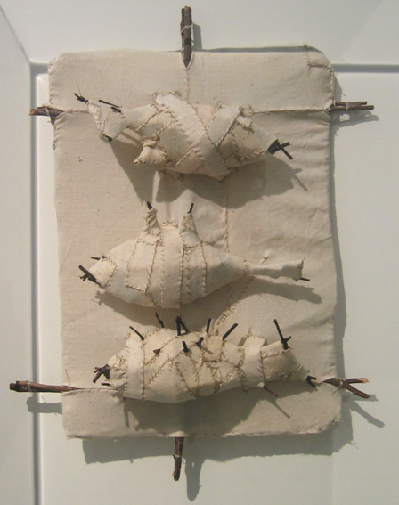   JOHN DAVIS     Three Fish  1992 Twigs, Calico, Bituminous Paint, Cotton Thread 39 x 50 cm  