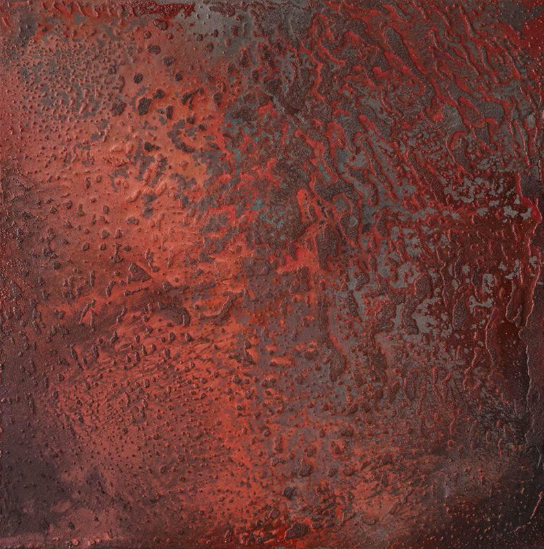   CATHERINE WOO     Red Earth  2015 Mixed media on aluminium 120 x 120 cm  