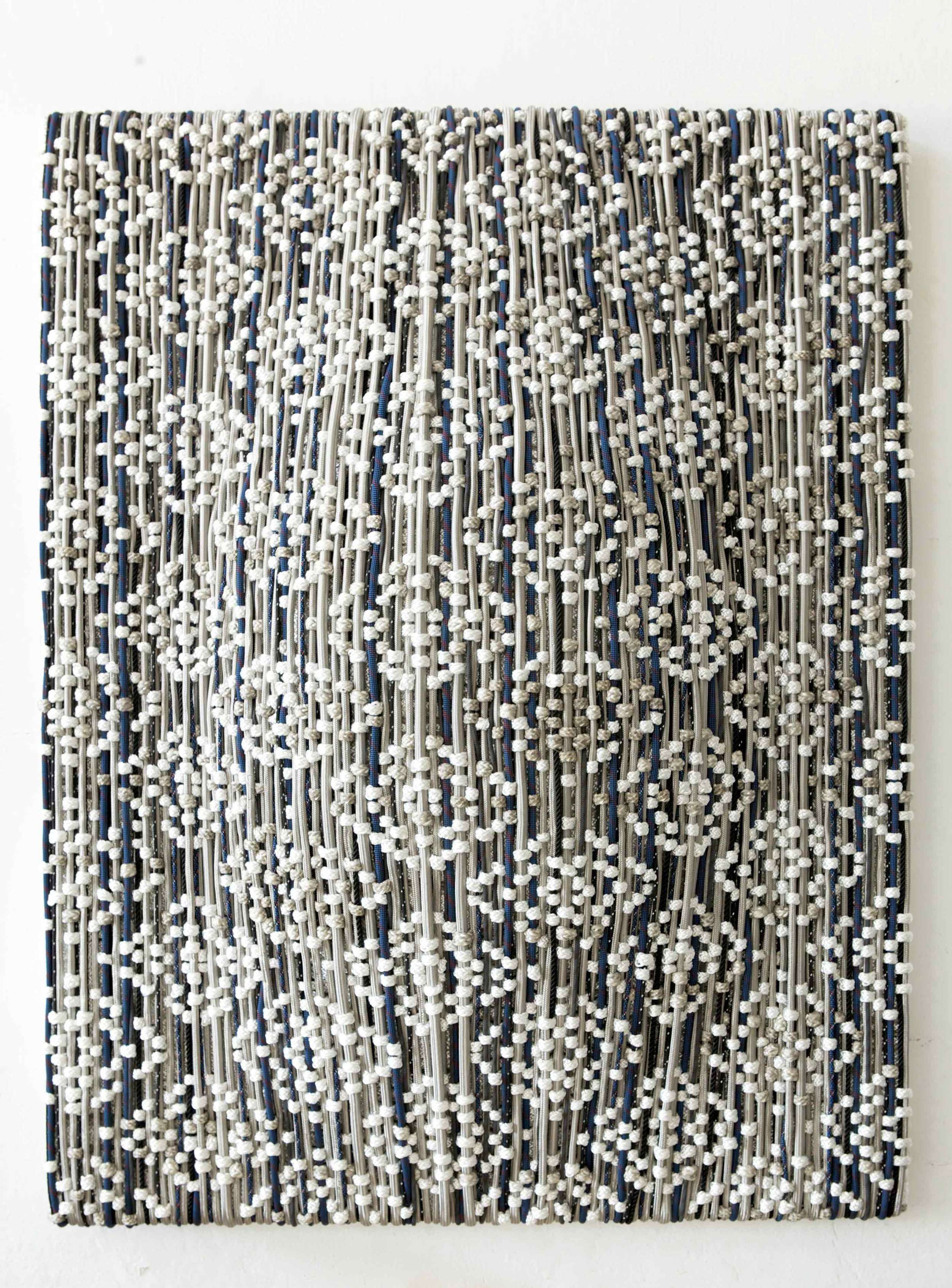   DANI MARTI   Shield – study for a portrait – take 1  2015 Stainless steel braided hose, polyester, nylon, rubber and leather on aluminium frame 180 x 140 x 30cm 