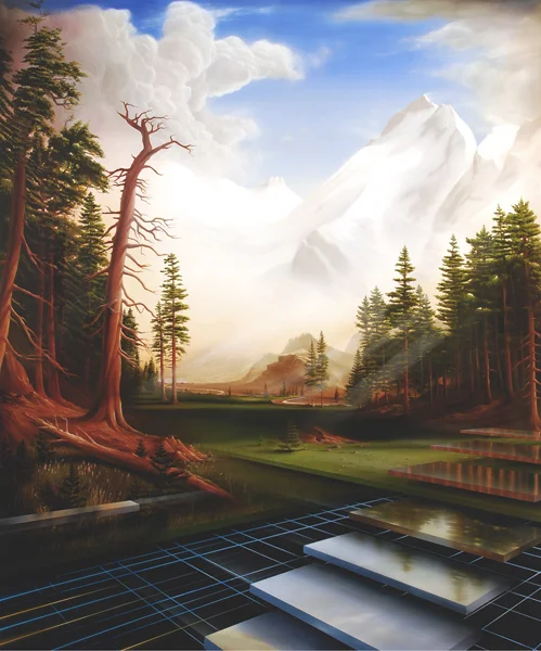 Peter Daverington, Welcome to the Pleasure Dome-A Homage to Bierstadt and Death of a Frontier , 2009, oil and enamel on canvas, 183 x 154cm.