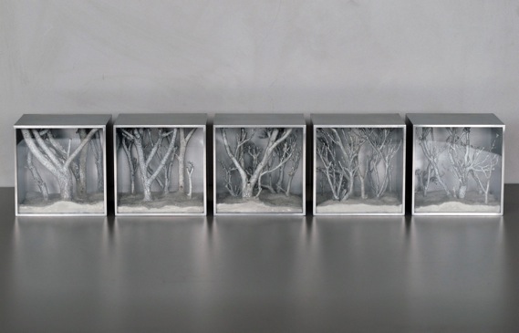 Catherine Woo, Out of the woods , perspex, aluminium, glass, wood and pigment, 10 x 10 x 8.6 cm (each).
