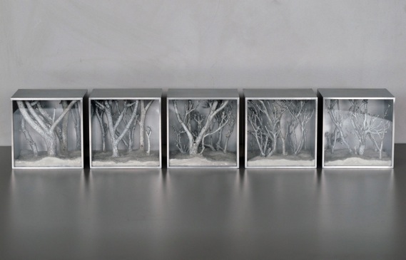   Out of the woods , 2015, perspex, aluminium, glass, wood and pigment, 10 x 10 x 8.6 cm (each) 