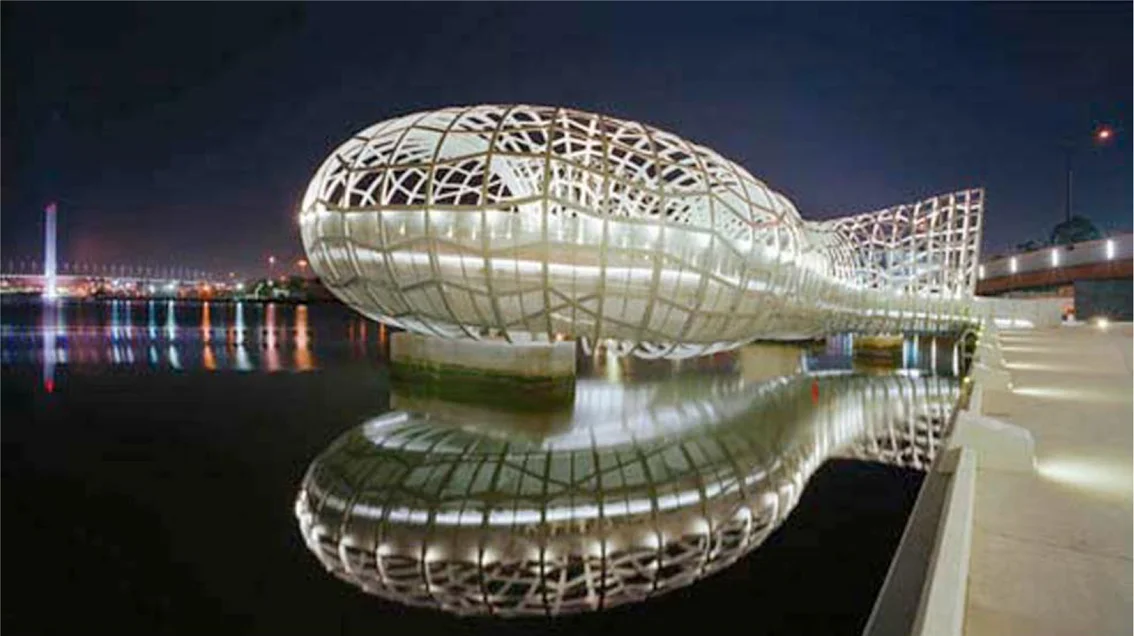 Webb Bridge , 2003. Artist: Robert Owen, in collaboration with architects Denton Corker Marshall Pty Ltd. For the Docklands Authority, Melbourne, Australia, Photography: John Gollings.