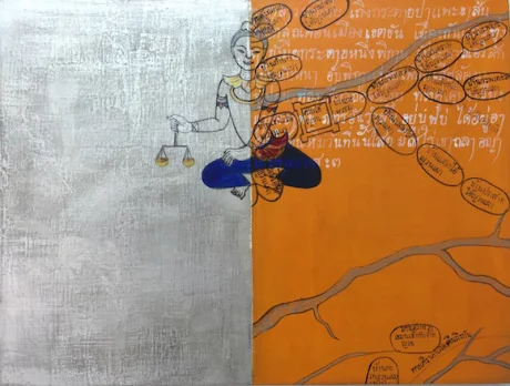 Phaptawan Suwannakudt, Reincarnation of the Butterflies 2 , 2016, acrylic, silver foil and ink on board, 30 x 40cm. 