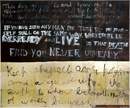 Imants Tillers, Victory over death (for Paul Taylor), 1999, gouache, oil stick, synthetic polymer paint on 66 canvas boards, nos.31929 – 31994, 228.6 × 279.4cm