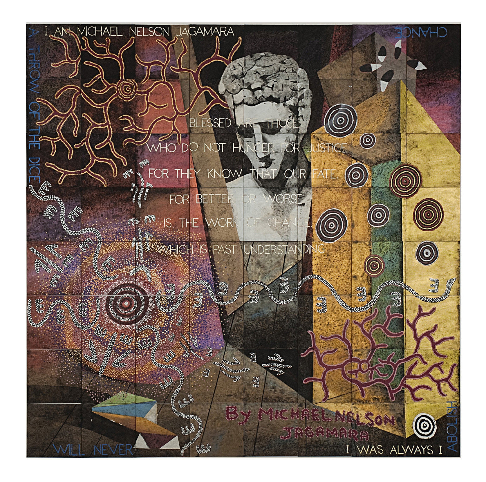 Image: Michael Nelson Jagamara and Imants Tillers, The Messenger , 2014, synthetic polymer paint, gouache on 64 canvas baords, 244 x 244 cm.