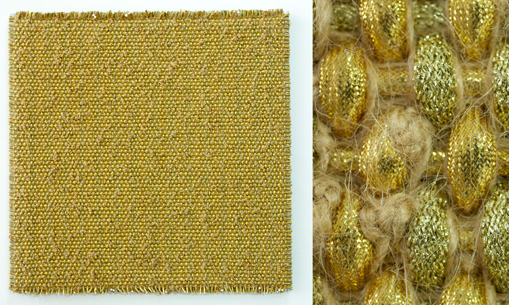   DANI MARTI   Fool's Play (Gold)  [full and detail view] 2017 polyester, polypropylene, metallic thread, sisal rope on aluminium frame 110 x 110 x 5 cm 