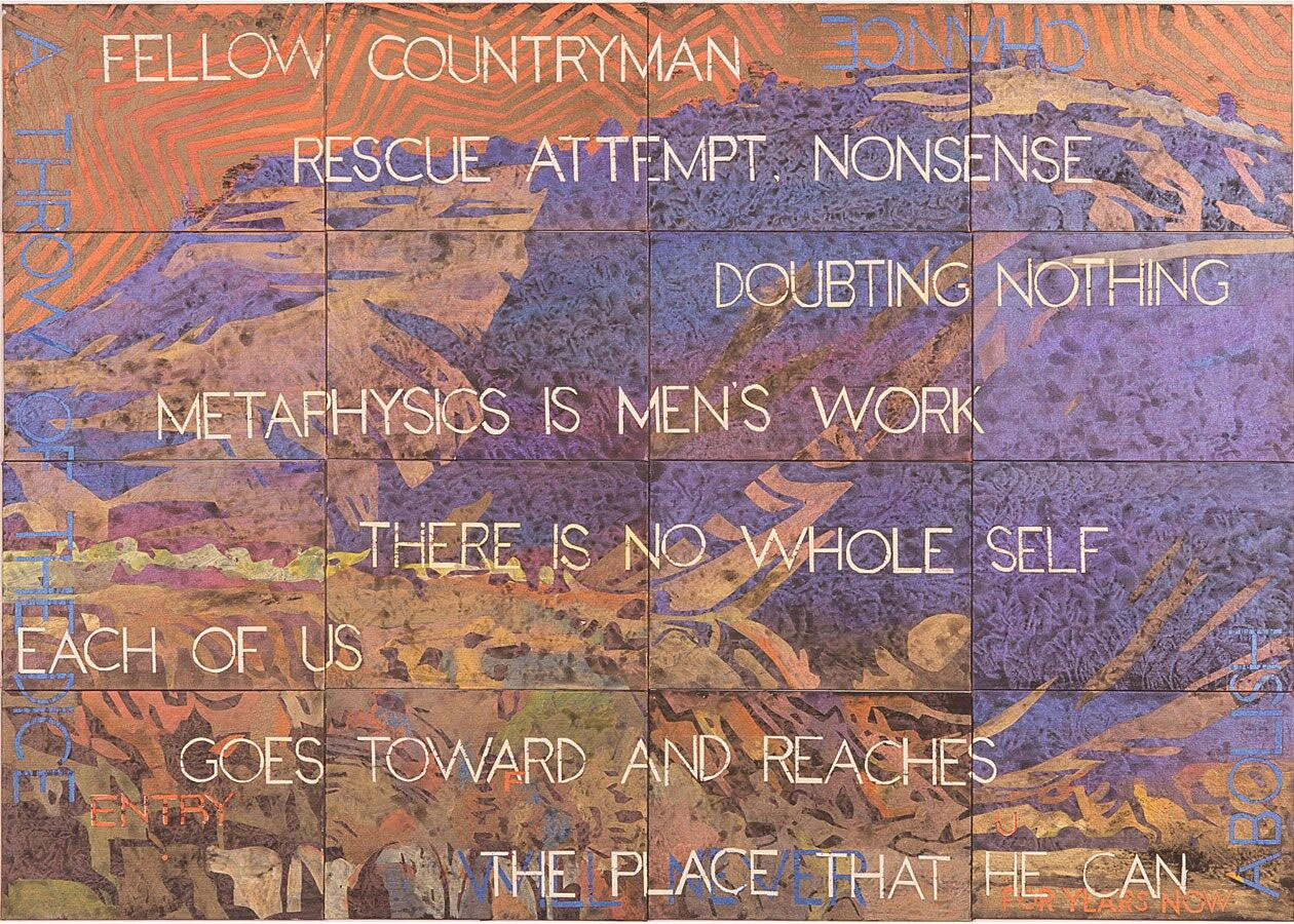 Imants Tillers, Nature Speaks FU , 2017, synthetic polymer paint, gouache on 16 canvasboards, 101.6 x 142.2cm 